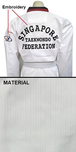 JCALICU basic red-and-black poom-collar Taekwondo uniform with STF embroidery